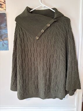 Olive Green Cable Knit Cape Poncho Button Collar Cozy Sweater S M